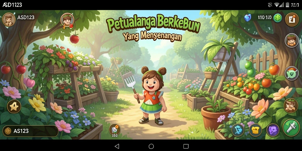 Tangkapan layar gameplay ASD123 menunjukkan kebun yang subur dan aktivitas berkebun.