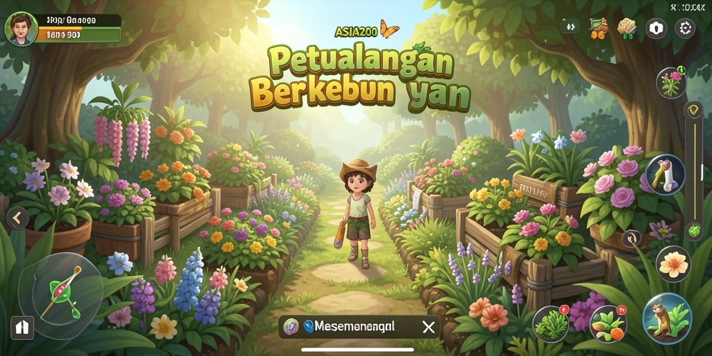 Tampilan gameplay menyenangkan di kebun ASIA200 dengan berbagai tanaman dan alat.