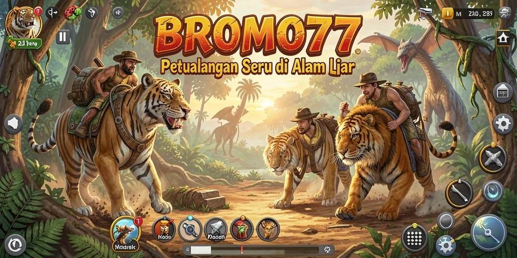 Tampilan gameplay BROMO77 memperlihatkan aksi petualangan seru di lingkungan alam terbuka.
