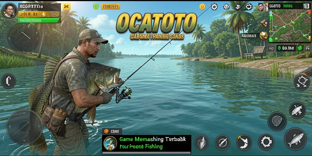 Screenshot gameplay OCATOTO menampilkan petualangan memancing seru di laut.