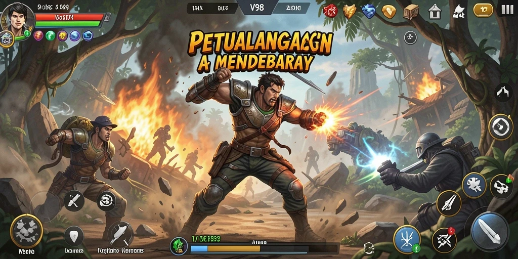 Tangkapan layar gameplay V98 menunjukkan pertempuran aksi yang mendebarkan.