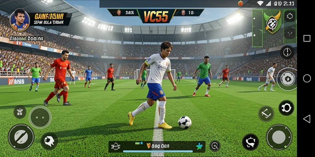 Tampilan gameplay yang mendebarkan dalam VC55, menunjukkan aksi sepak bola yang intens.