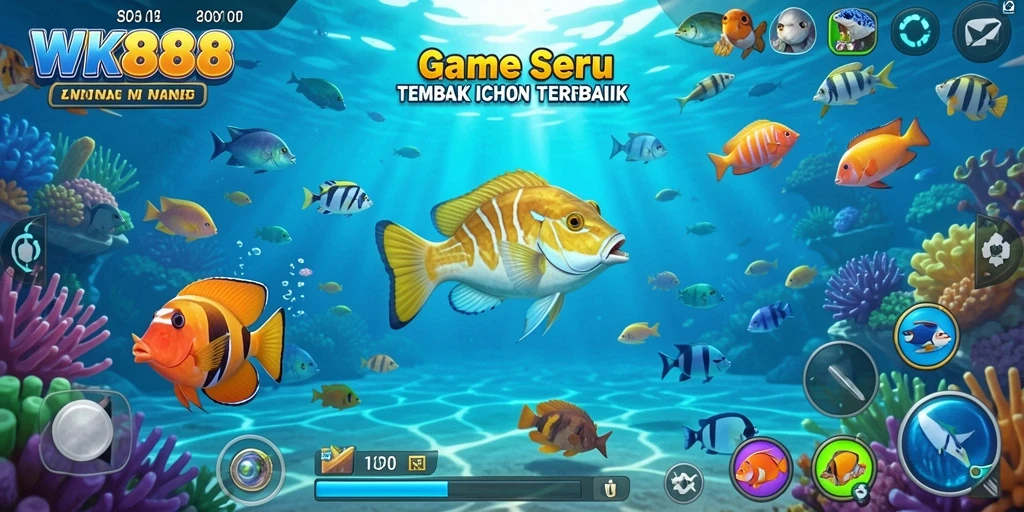 Tampilan screenshot gameplay WK888 dengan ikan beragam dan menembak.