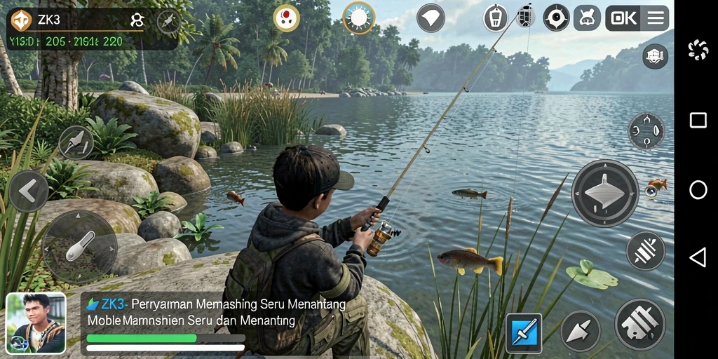 Tampilan gameplay ZK3 yang menampilkan momen menangkap ikan.